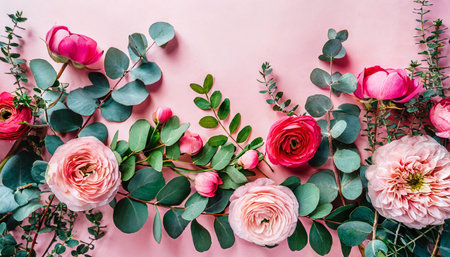 flowers composition pink flowers and eucalyptus branches on pink background valentines day mothers day womens day concept flat lay top viewの素材