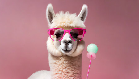 cute lama alpaca with bubblegum in trendy pink sunglasses on pink background with copyspace generative aiの素材