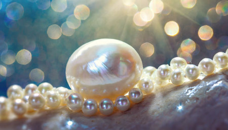 shiny natural white sea pearl with light effects on backgroundの素材