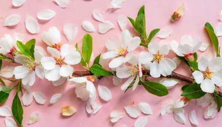 spring floral background texture wallpaper flat lay of white almond blossom flowers and petals over pink background top view copy space wide composition womens day holiday greeting cardの素材