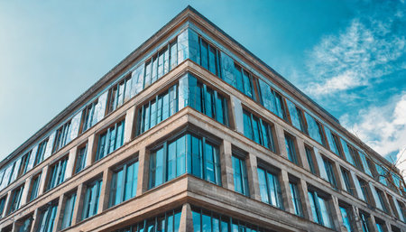 berlin office building with a retro vibe and big blue windows modern minimalist building against blue skyの素材