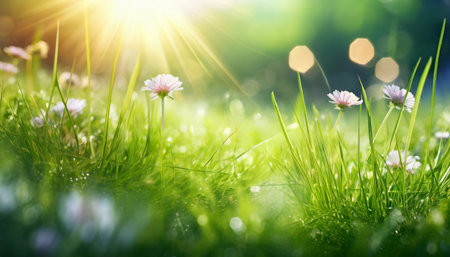 natural grass background with blurred bokeh and sunの素材
