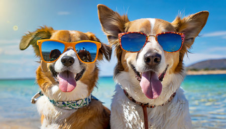 two dogs are taking selfies on a beach earing sunglasses sunny day with blue waterの素材