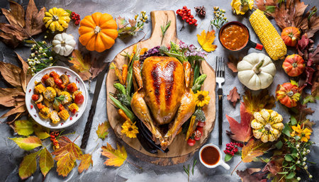 thanksgiving dinner background with turkey sauce grilled vegetables corn cutlery pumpkin fall leaves and flowers arrangements around wooden gutting board top viewの素材