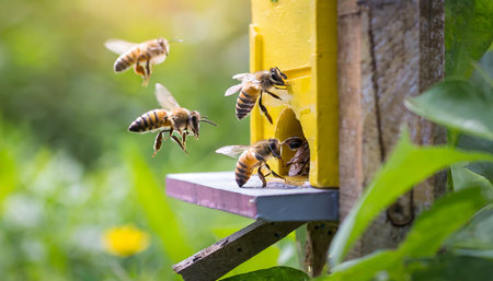 honey bees swarming and flying around their beehive in the morningの素材