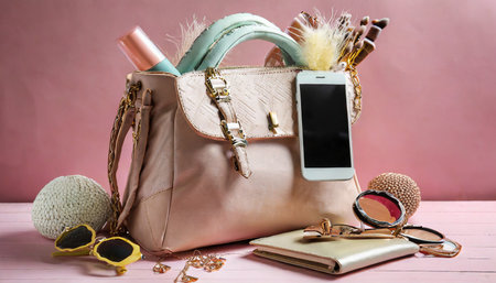 stylish bag with mobile phone and different accessories on pink backgroundの素材