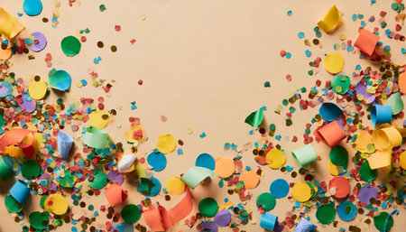 top view of festive colorful confetti on beige backgroundの素材