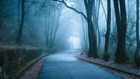 blue toned mysterious road through forest among high trees footpath in the dark foggy autumnal misty forestの素材