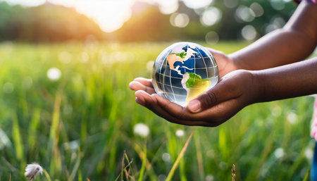 hands of a african american child holding crystal glowing globe planet earth at a sunny green meadow background copyspace taking care ecology sustainable nature conversation concept ai generatedの素材