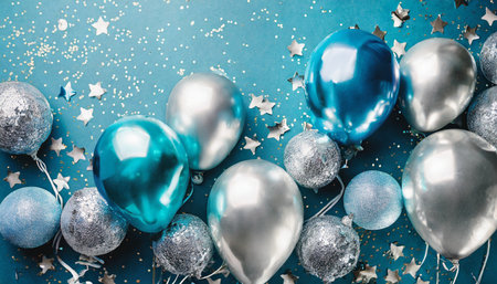 beautiful festive background with blue and silver balloons and sparklesの素材