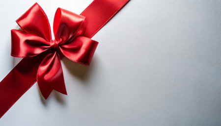 red ribbon with red bow on top left corner and white background imageの素材