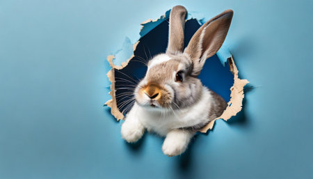 bunny peeking out of a hole in blue wall fluffy eared bunny easter bunny banner rabbit jump out torn hole generative aiの素材