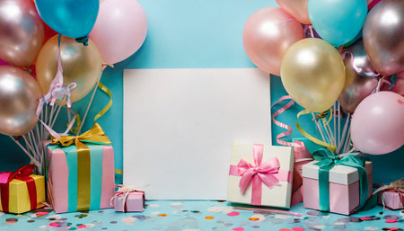 birthday banner background for text or product demonstration balloons and gifts festive background ai generatedの素材