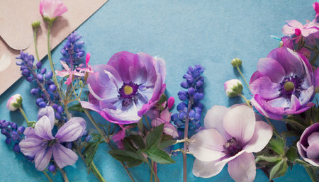 purple blue pink flowers on paper backgroundの素材
