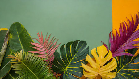 collection of colorful tropical leaves foliage plant with space backgroundの素材