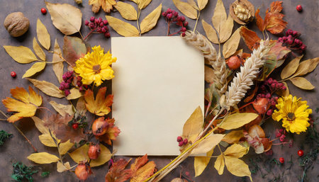 autumn background with dried flowers leaves and blank sheet of paperの素材