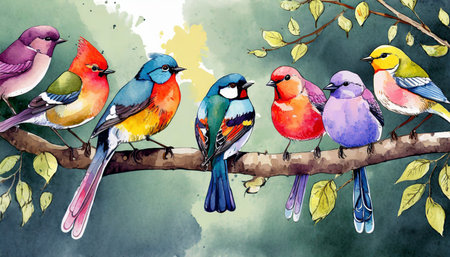 cute flock of colorful birds on the tree branch generative aiの素材
