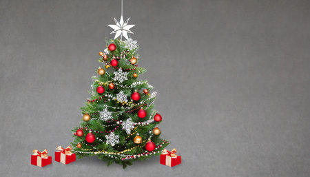 christmas tree with decoration grey backgroundの素材