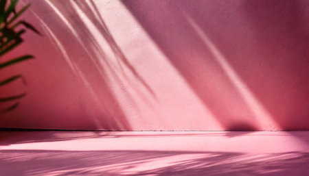beautiful original background image of an empty space in pink tones with a play of light and shadow on the wall and floor for design or creative workの素材