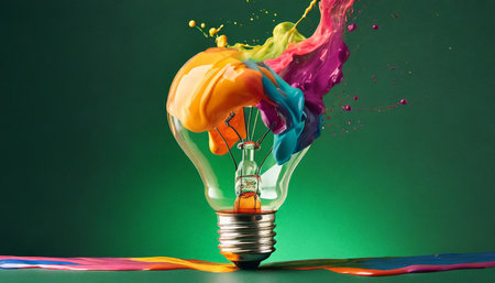 eureka moment of creative inspiration concept with liquid paint merging into a colorful lightbulb on dark green backgroundの素材