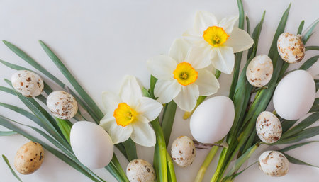 flat lay easter composition with a white daffodils and eggs on a white backgroundの素材