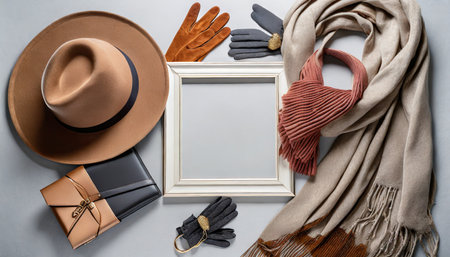 stylish seasonal accessories top view shot presenting a trendy felt hat cozy scarf elegant gloves and a chic handbag on light grey background with empty frame for fashion forward promotionsの素材
