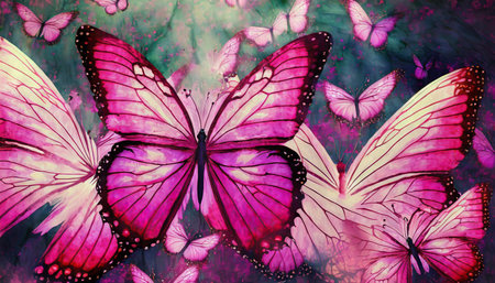 shades of pink wings of a butterfly morpho flight of bright pink butterflies abstract backgroundの素材