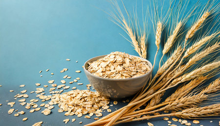 bowl of dry oat flakes with ears of wheat on light blue background cooking oats porridge conceptの素材