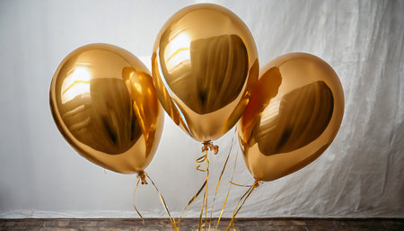 bunch of three gold balloons for birthday party on white backgroundの素材