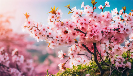 sakura background with flower blossom and april floral nature on pink beautiful scene with blooming tree easter sunny day orchard abstract blurred background springtimeの素材