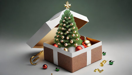 opened gift box with christmas tree and decorations christmas theme elements 3d illustrationの素材