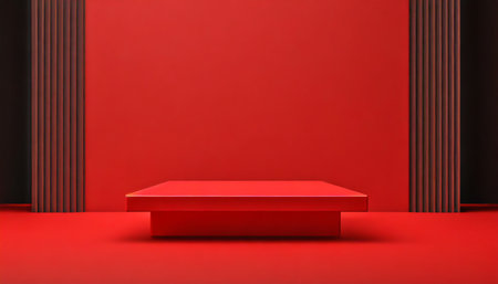long red table podium 3d background stage with empty presentation show product scene studio pedestal display stand or blank rectangular advertising platform shelf and minimal floor showcase backdropの素材