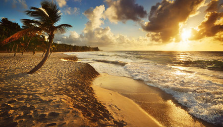 sunset on the beach of caribbean seaの素材