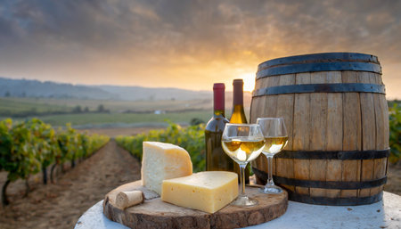 barrel wineglasses cheese and bottle in vineyard at sunset high quality photoの素材