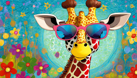 cartoon colorful giraffe with sunglasses on background created with generative aiの素材