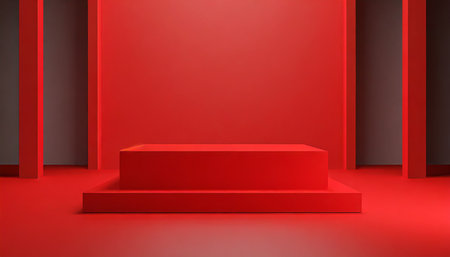 long red table podium 3d background stage with empty presentation show product scene studio pedestal display stand or blank rectangular advertising platform shelf and minimal floor showcase backdropの素材