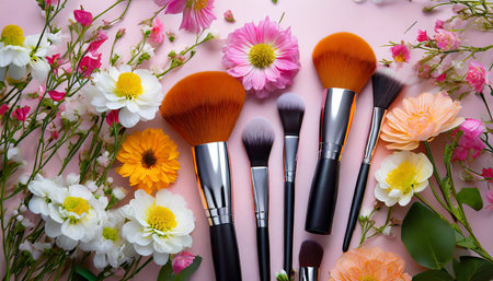 a pink background with makeup brushes and flowers created with generative ai technologyの素材