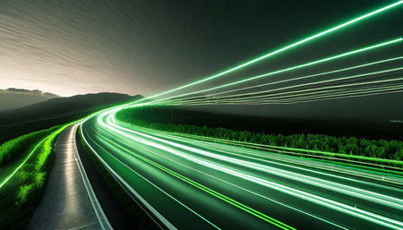 green speed light trail on road renewable energy highway transportation concept clean eco power car street light at night electric vehicle technology 3d renderingの素材