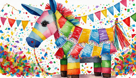 watercolor illustration of colorful funny donkey pinata against white background with papel picado and confetti hispanic decoration for las posadasの素材