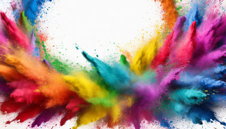 frame border with copy space of colorful rainbow holi paint color powder explosion white backgroundの素材