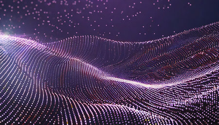 particle stream purple background with many glowing particles information technology background 3d renderingの素材