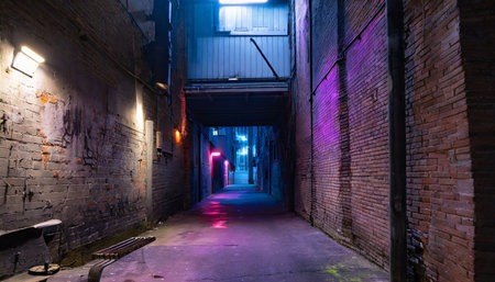 dimly lit alleyway with neon illumination in a cyberpunk urban settingの素材