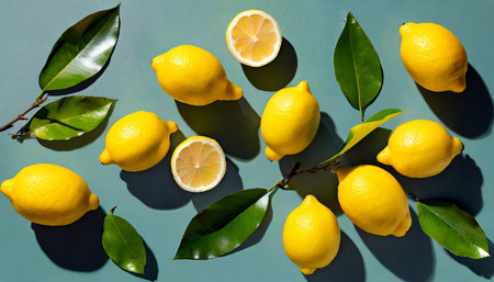 fresh yellow lemons overhead view flat layの素材