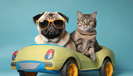 funny pug dog and cat with sunglasses in toy car on light blue backgroundの素材