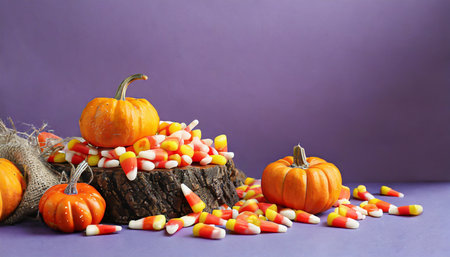 halloween candy corns and pumpkins on purple backgroundの素材
