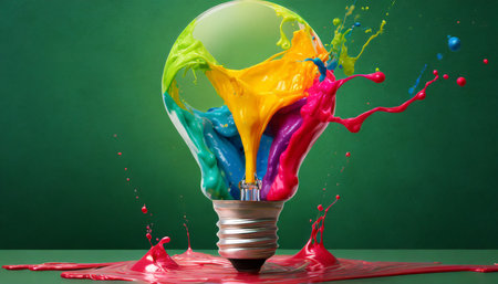 eureka moment of creative inspiration concept with liquid paint merging into a colorful lightbulb on dark green backgroundの素材