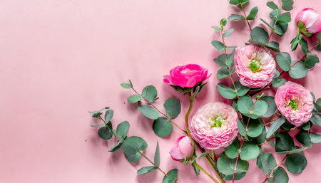 flowers composition pink flowers and eucalyptus leaves on pastel pink background flat lay top view copy spaceの素材