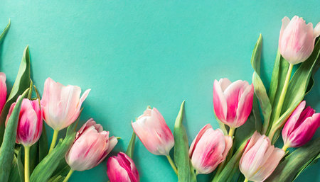 pink tulips on turquoise background with copy space top view banner for websiteの素材