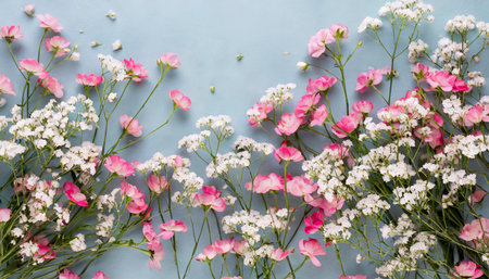 beautiful flower background of pink gypsophila flowers flat lay top view floral patternの素材