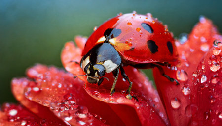 ladybug on red flower petal with water drops close up a ladybug sitting on a red flower on blurred background ai generatedの素材